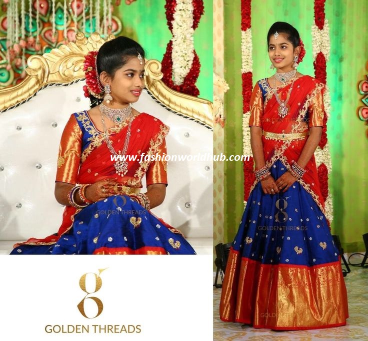 Stunning red and blue color combination lehenga and blouse with net  dupatta. Lehenga with gold jari