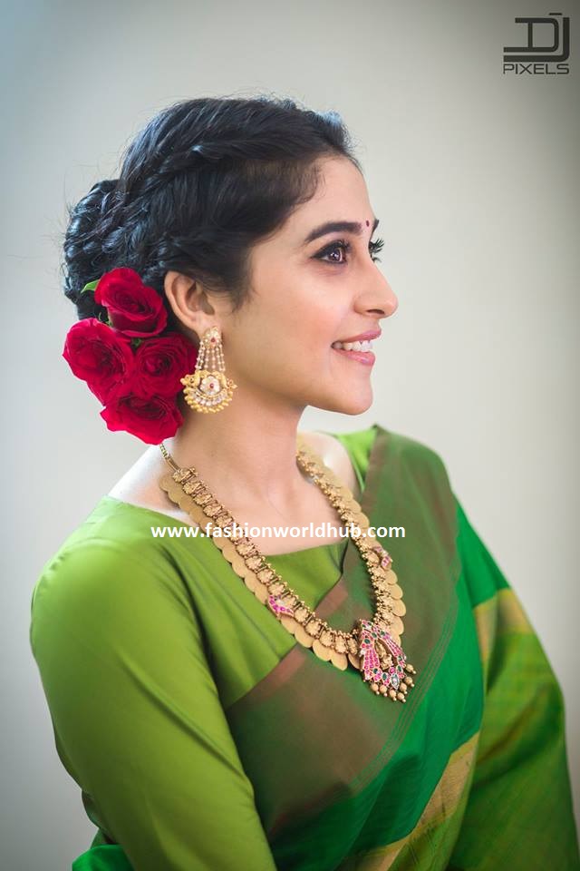 Regina Cassandra in parrot green kanjeevaram saree | Fashionworldhub