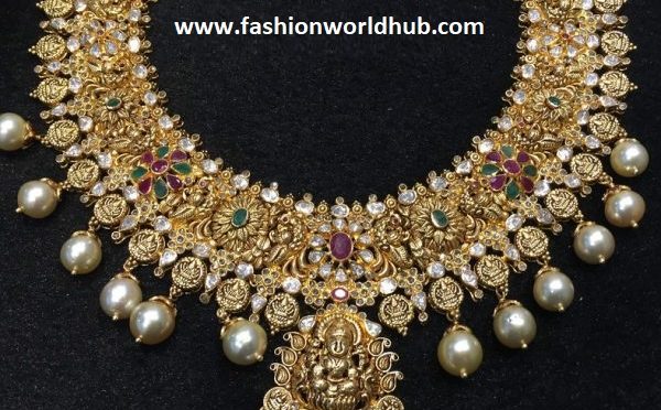 Antique Gold Peacock Necklace with Lakshmi Pendant