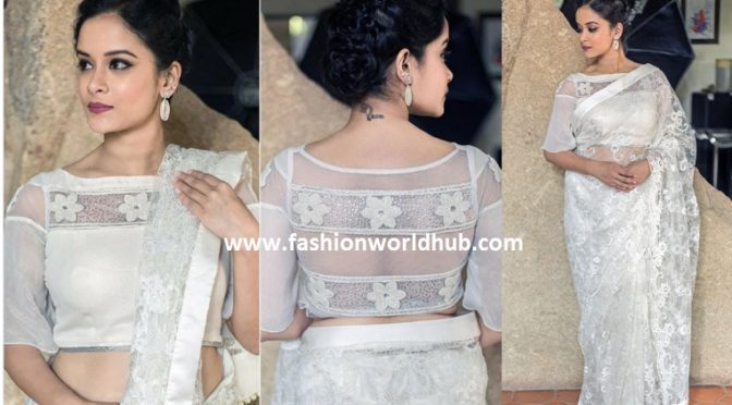 Designer white net saree and designer blouse ( BUY ONLINE)