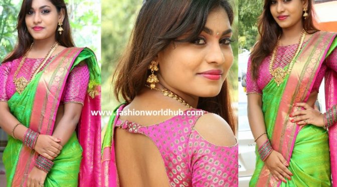 Priya Augustin in green and pink pattu saree