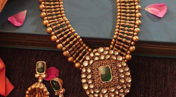 Antique Gold Necklace With Polki Pendant