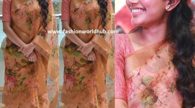 Sai Pallavi in a floral saree at Maari 2 press meet