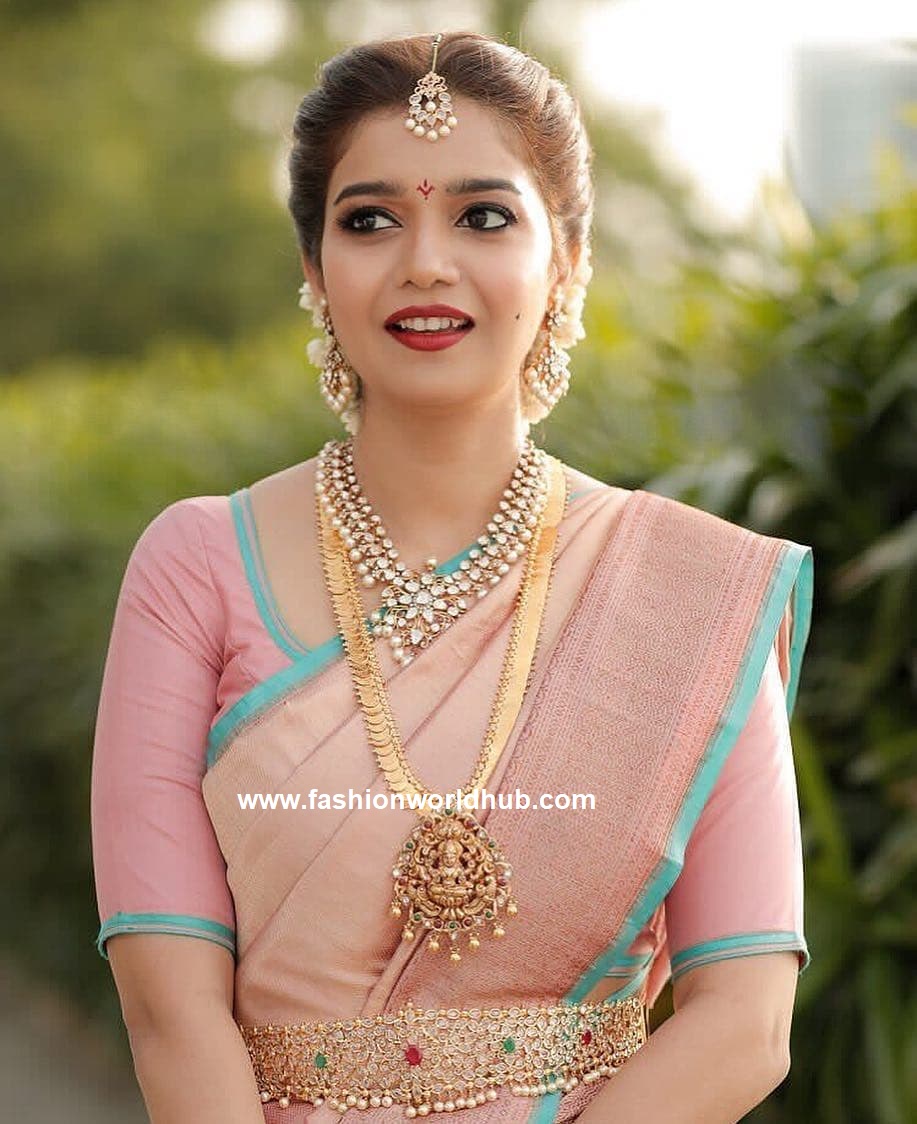 Buy Peach Open Saree And Stitched Blouse With Hanging Crystals