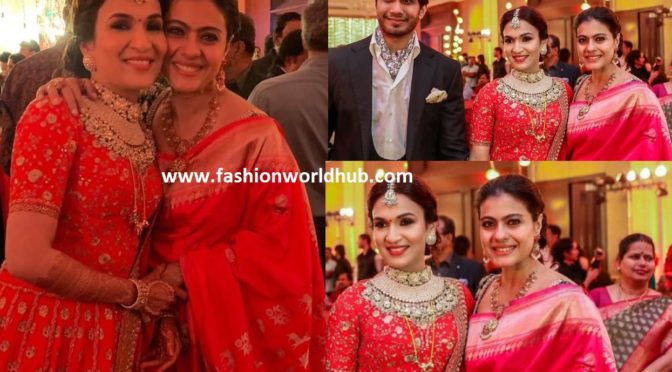 Kajol in Pink silk saree at Soundarya rajinikanth and Vishagan wedding!