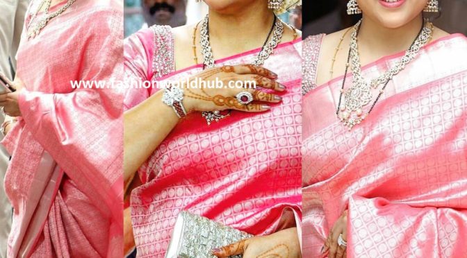 Meena in a pink Kanjivaram saree at Soundarya Rajinikanth’s wedding!