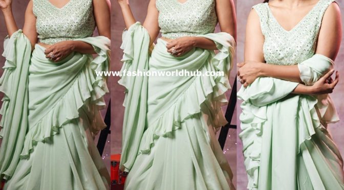 Hebah Patel in a green ruffle saree