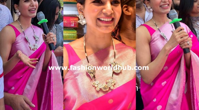 Samantha Akkineni in a pink kanjeevaram saree at Kisan Fashion Mall launch!