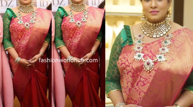 Actress Sanghavi in Polki diamond jewellery by TBZ Jewellery