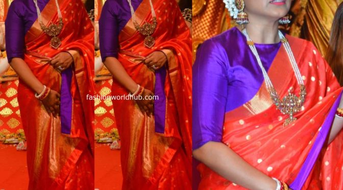 Rani Mukerji in a Red silk saree at Durga Puja celebrations