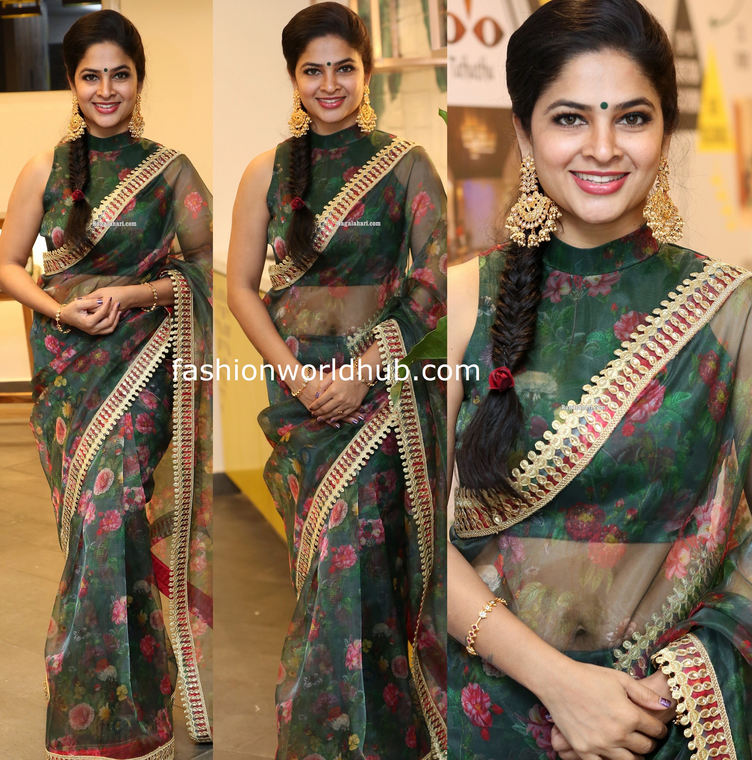Madhumitha in a Green floral print organza saree! | Fashionworldhub