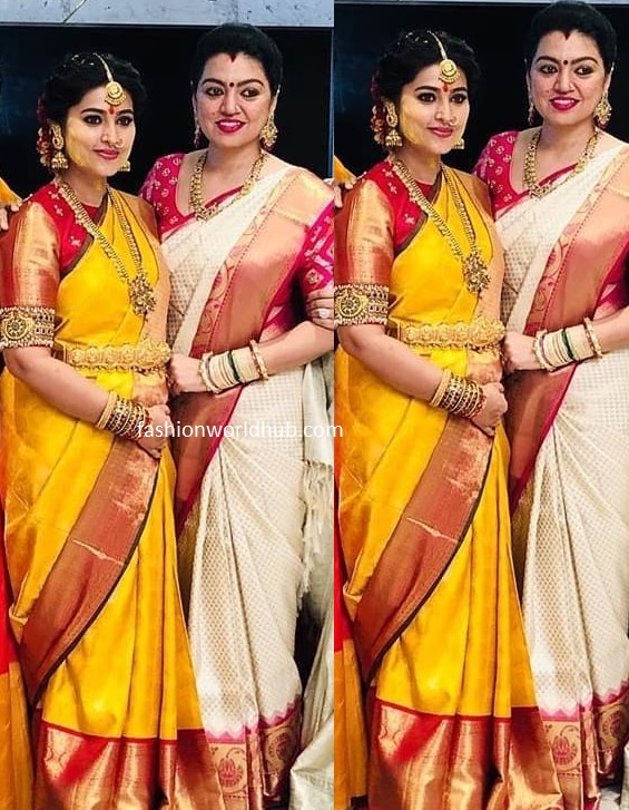 Sneha S Sister Geetu In White Kanjeevaram Saree At Sneha Seemantham Function Fashionworldhub