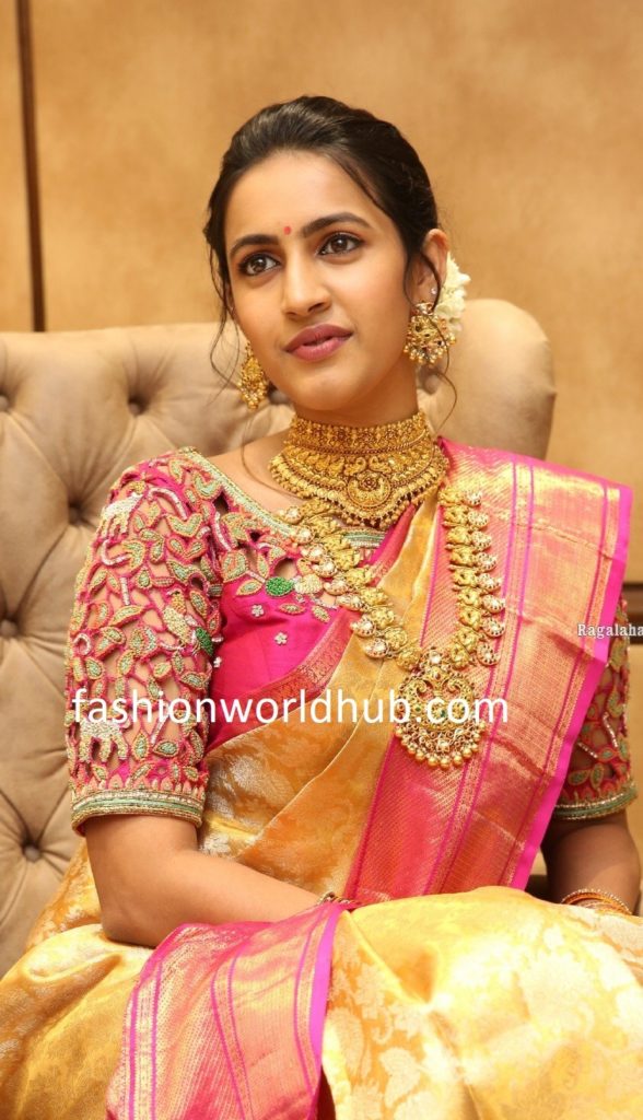 Niharika konidela in a Gold kanjeevaram saree! | Fashionworldhub