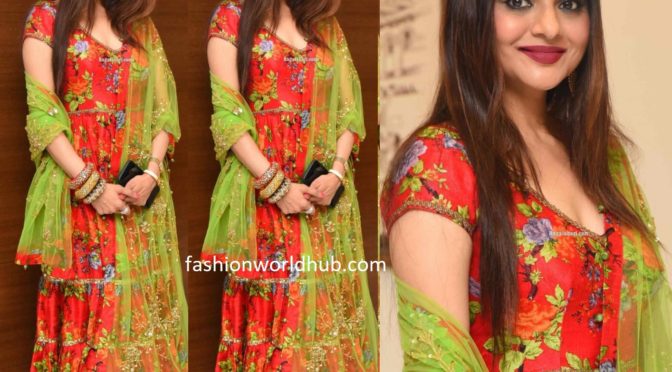 Madhoo Shah in a Red floral anarkali suit at ‘College Kumar’ pre-release event