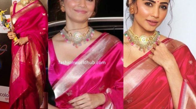 Daisy Shah in a Pink banarasi silk saree