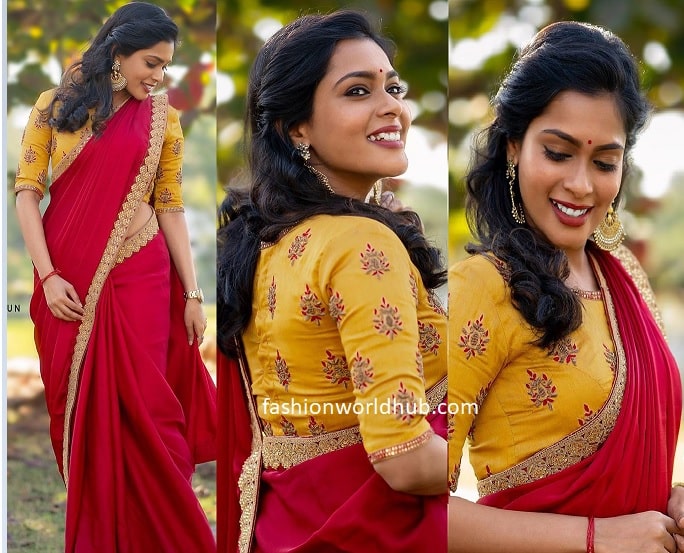 Kiki Vijay in a Red saree by Anju Shankar | Fashionworldhub