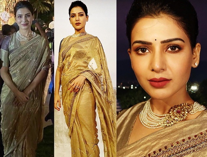 Samantha in a gold saree at Aditya Akkineni’s wedding