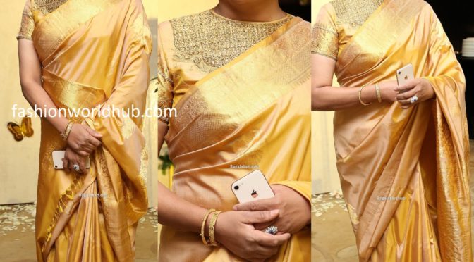 Jayasudha sister Subhashini in a gold silk saree at Nihar Kapoor’s wedding reception!