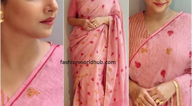 Vidya balan in a Pink linen saree!