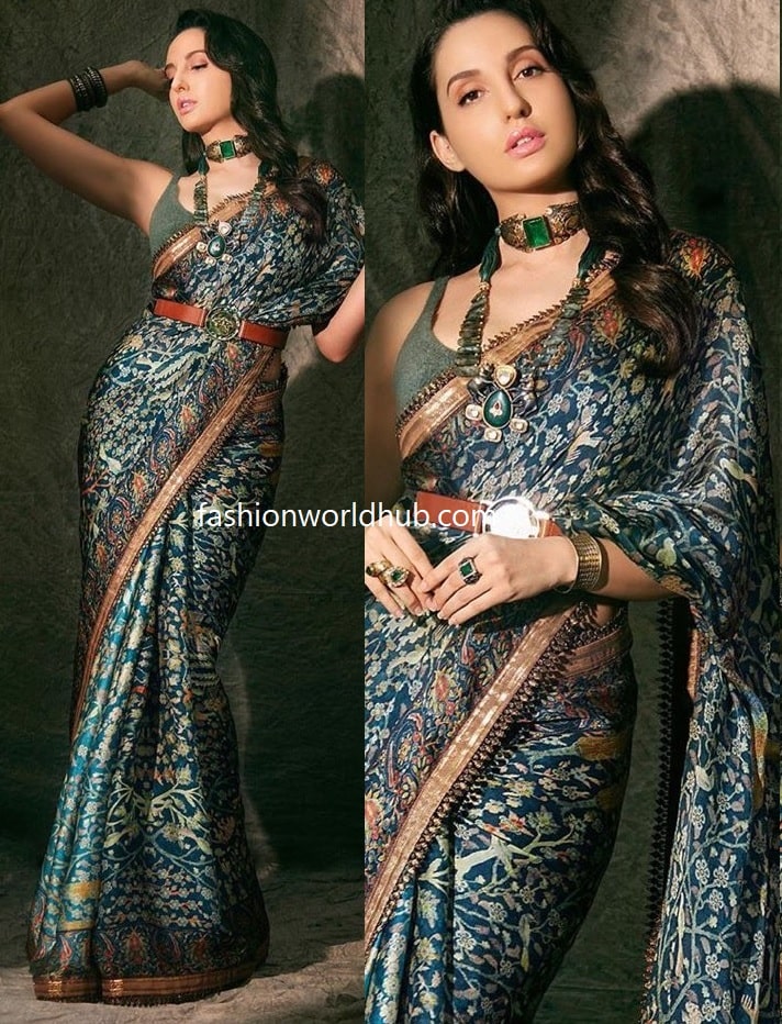 Norah Fatehi in a printed saree by JJ Valaya | Fashionworldhub