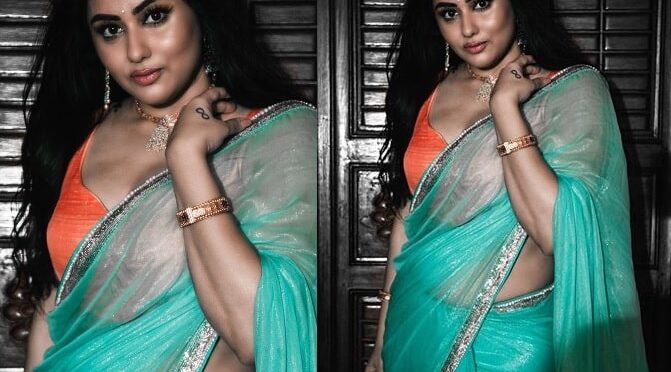 Actress Namitha stuns in a blue shimmery saree!