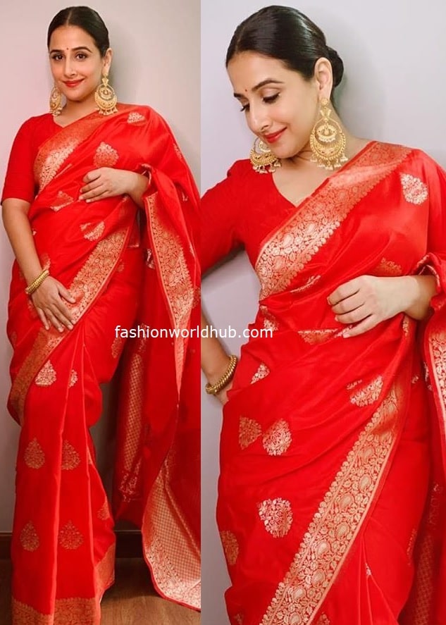 Vidya balan stuns in a red silk saree | Fashionworldhub