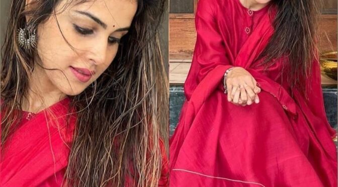 Genelia Deshmukh looking beautiful in Red kurta by Tora!