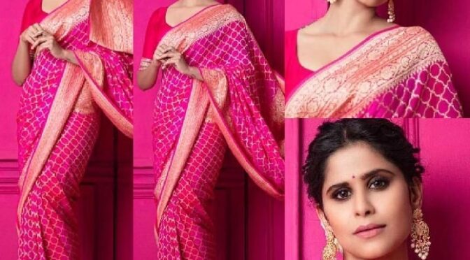 Sai Tamhankar looking graceful in a pink handloom saree!