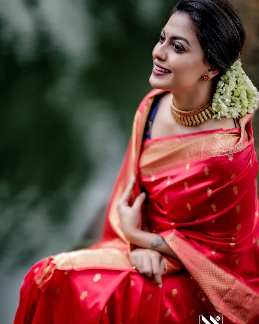 Anusree Nair looking stunning in a red silk saree! | Fashionworldhub