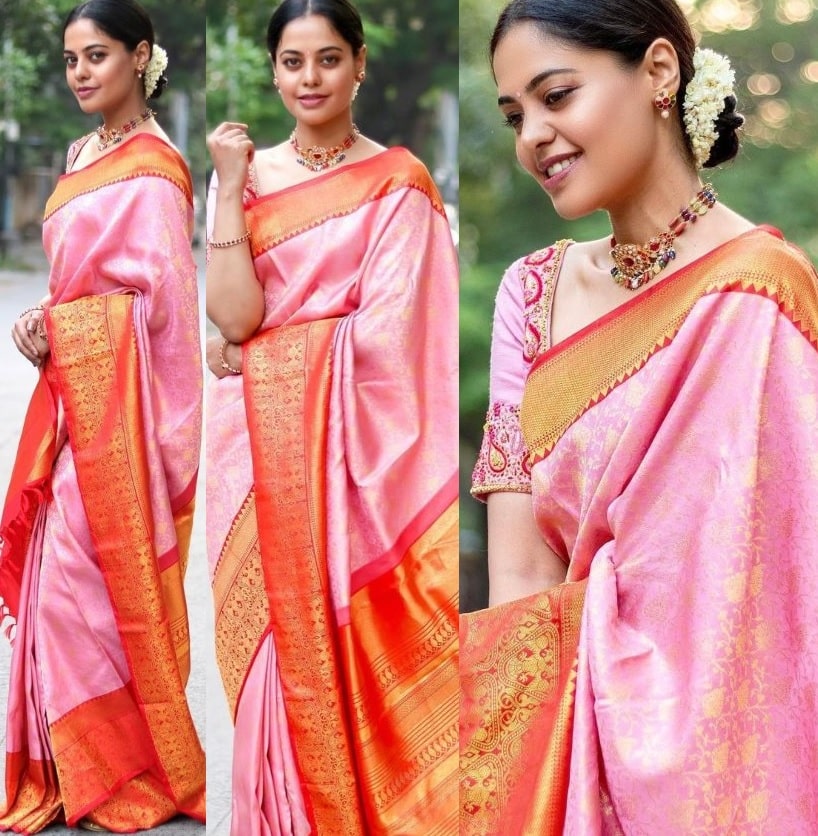 Bindu Madhavi attended her friends wedding wearing a pink kanjeevaram ...