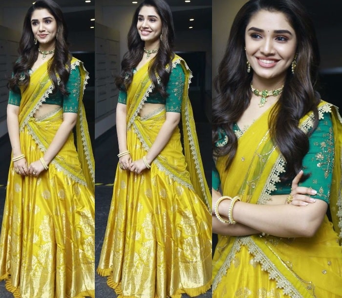 Krithi Shetty looking gorgeous in yellow lehenga at “Uppena” pre ...