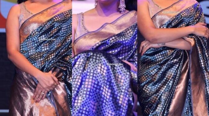 Anasuya Bharadwaj looking beautiful in blue silk saree at ‘Chaavu Kaburu Challaga’ Pre-Release!