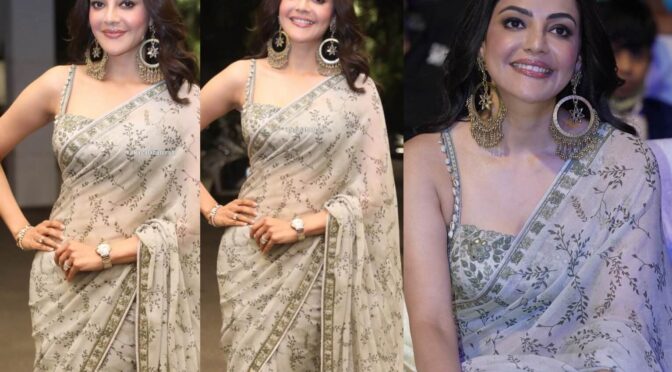 Kajal Aggarwal looking beautiful in olive green saree for “Mosagallu” pre-release event!