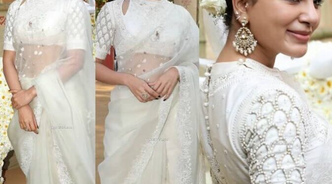 Samantha looking like a diva in an off white saree at “Shakuntalam” launch!