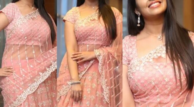 Syamala in a peach sheer lehenga set by Royal designers for “Ishq” pre-release event!