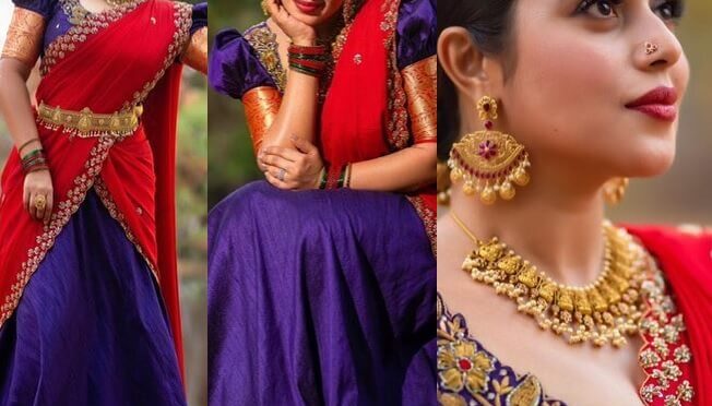 Poorna stuns in a Traditional blue and red lehenga by Kowshiki couture. 