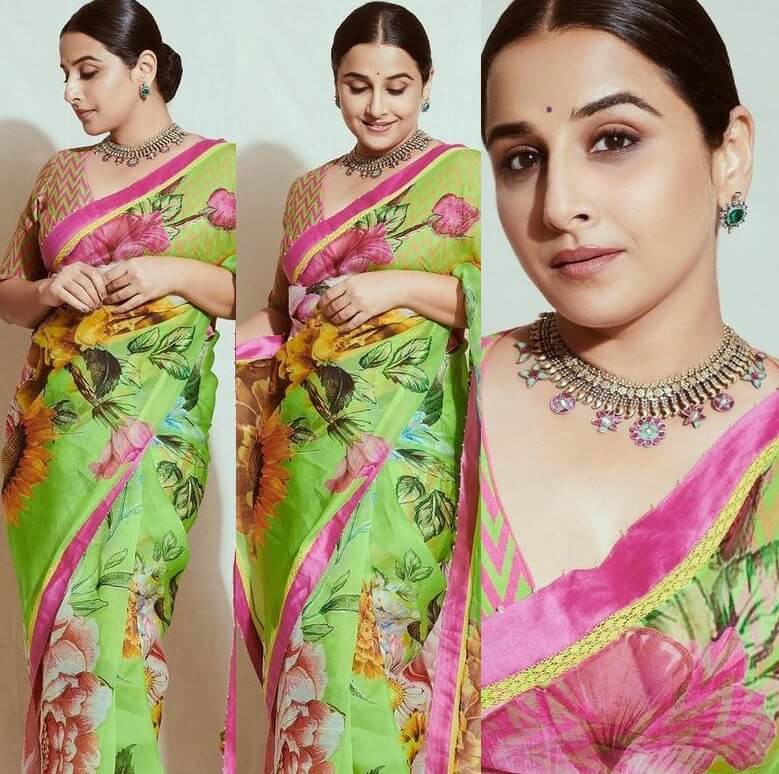 Vidya balan stuns in green saree for promotions of Sherni. | Fashionworldhub