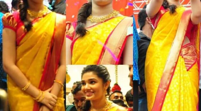 Kriti Shetty stuns in yellow kanjeeram saree for the opening of Mangalya Shopping mall!