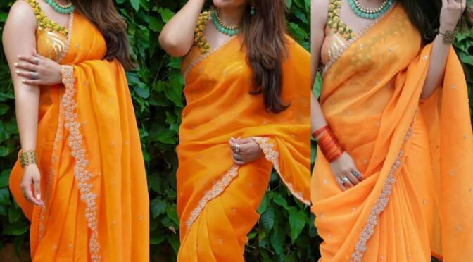 Sridevi vijaykumar looking beautiful in orange organza saree for “Comedy Stars!”!