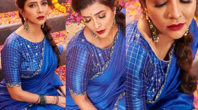 Lakshmi manchu looking beautiful in royal blue saree!