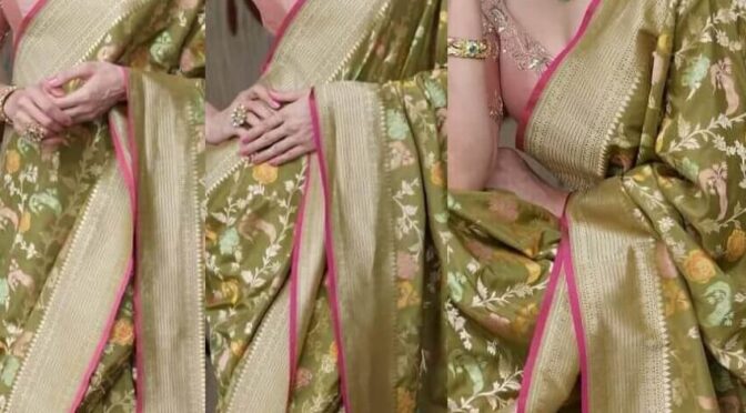 Shilpa Reddy looking beautiful in a lime green Benarasi saree by Kanchi silks!
