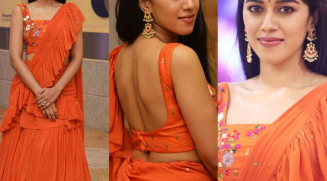 Mirnalini Ravi  in orange ruffle saree at “Enemy” pre-release event!