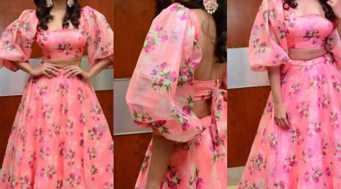 Saanve Megghana stuns in a pink floral skirt set at “Pushpaka Vimanam” trailer launch!