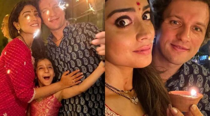 Shriya Saran and Andrei Koscheev in traditional outfits for Diwali celebrations~