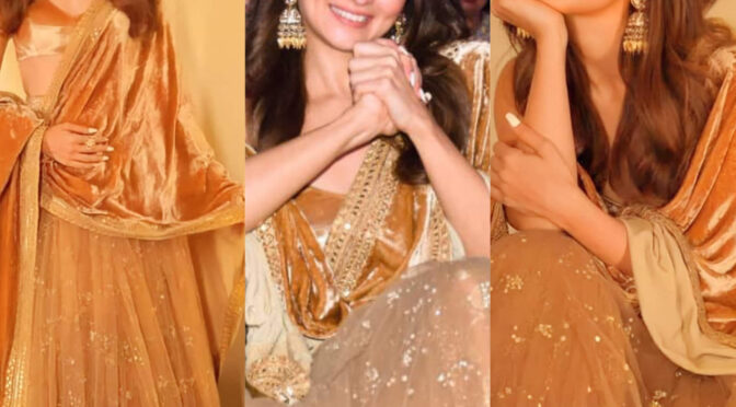 Alia Bhatt looking gorgeous in a gold lehenga set for”RRR” promotions!