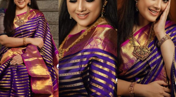 Actress meena stuns in Traditional kanjeevaram saree!