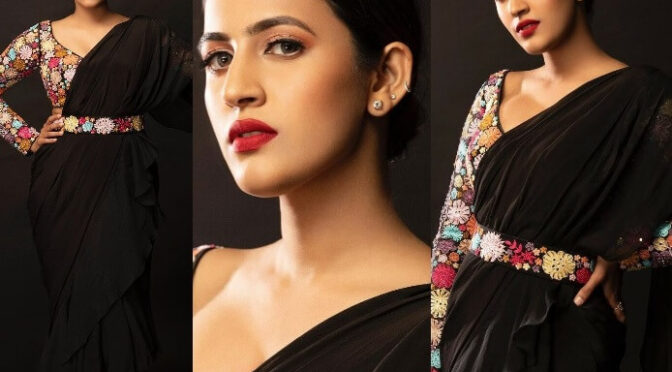 Niharika Konidela looking stunning in a black pre-draped saree by Mishru!