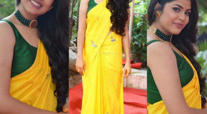 Faria Abdullah in a yellow saree at “Ravanasura” launch meet!