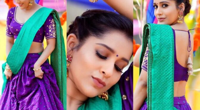 Rashmi Gautam in a violet Bandhani lehenga set by Varahi couture!