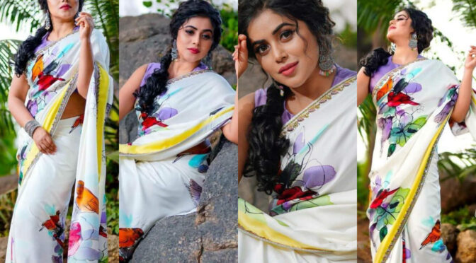 Purnaa looking beautiful in an off-white floral saree by Bhargavi Kunam!